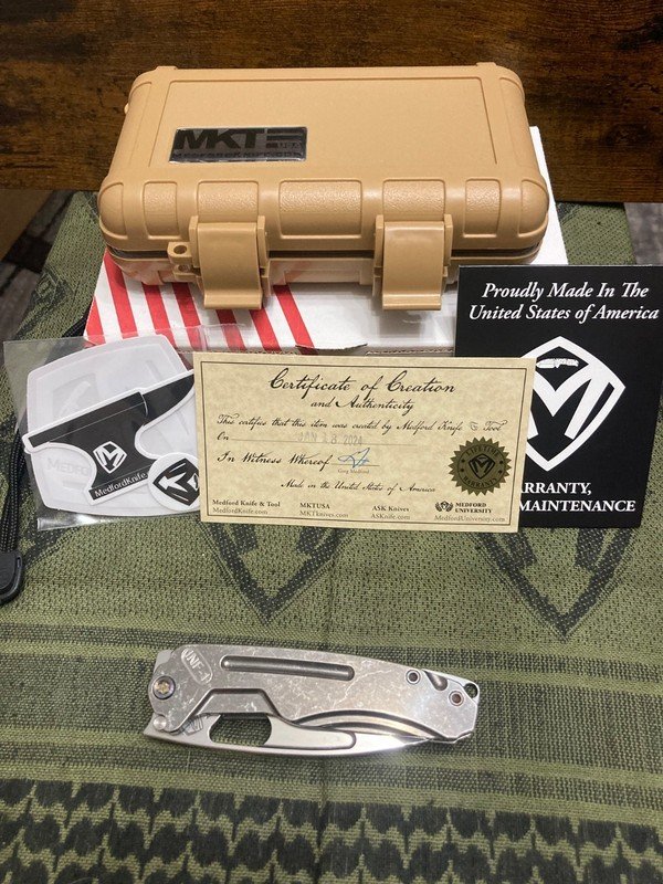 Medford Infraction , tumble titanium handles, S 45VN blade, flamed hardware