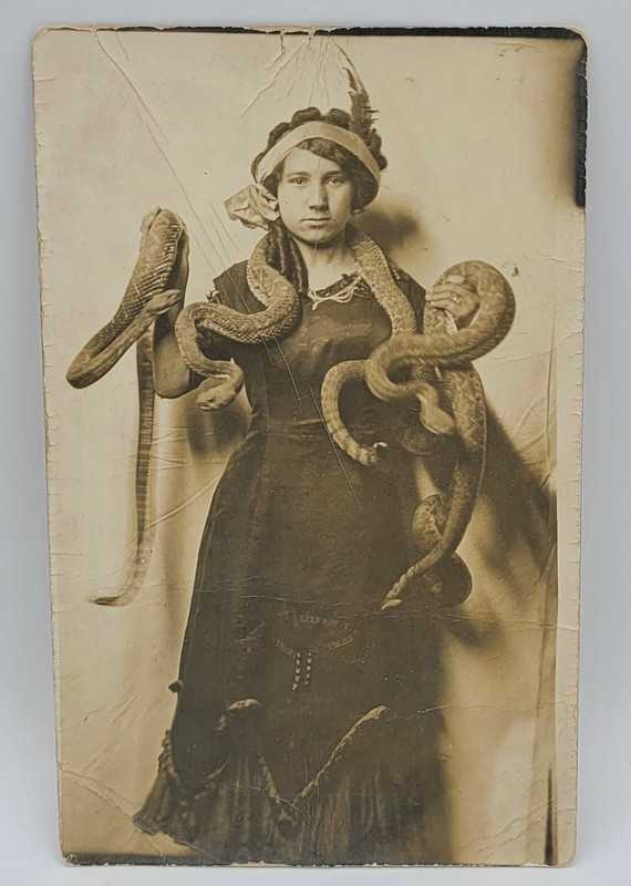 Woman Snake Charmer Performer~RPPC~Side Show~Holding Snakes & One Around Neck