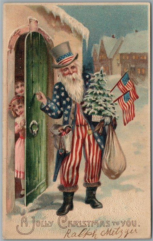 SANTA UNCLE SAM EMBOSSED CHRISTMAS ANTIQUE POSTCARD