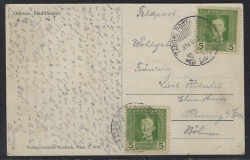 1918 Austria Scott #M52 on Postcard - Feldpost - Odessa to Bohemia