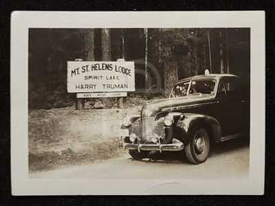 Incredible Photo of Mt. St. Helens Lodge Sign. Harry Truman. Washington. C 1940