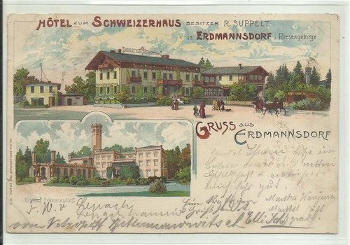 Litho Postcard Erdmannsdorf Myslakowice Giant Mountains Hirschberg Hotel 1898
