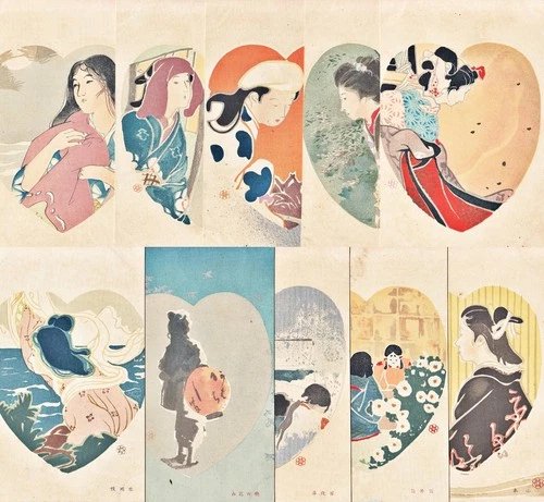 1905 JAPAN Japanese Art Artist 10 Postcards Set Women Heart By KABURAKI Kiyokata