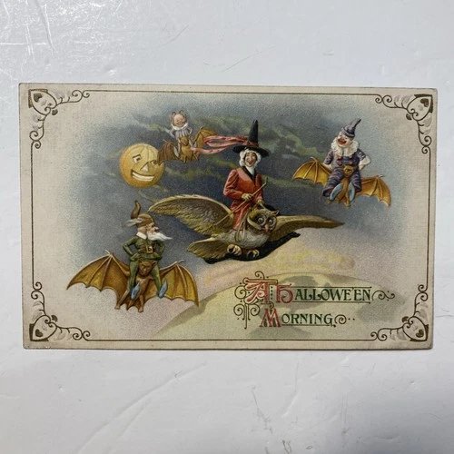 1914 Winsch Schmucker 3938 Vtg Halloween Postcard Witch Clown Elf Bat Owl Jol